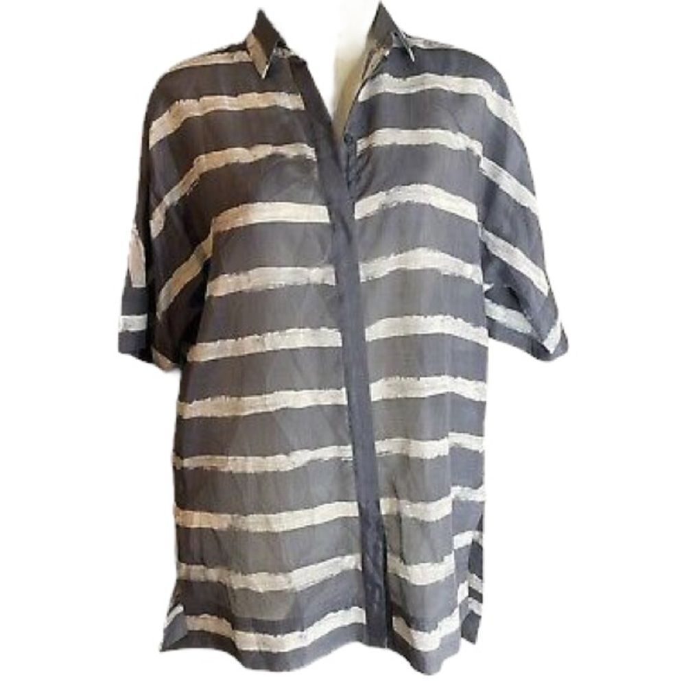 Lafayette 148 Cotton/Silk Blend Gray and White Striped Hi Low Blouse - Picture 12 of 12